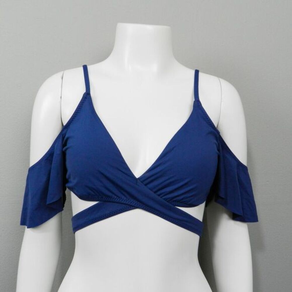 Becca‎ Navy Blue Cold Shoulder Wrap Bikini Top Size L Minimalist Resort Swimwear